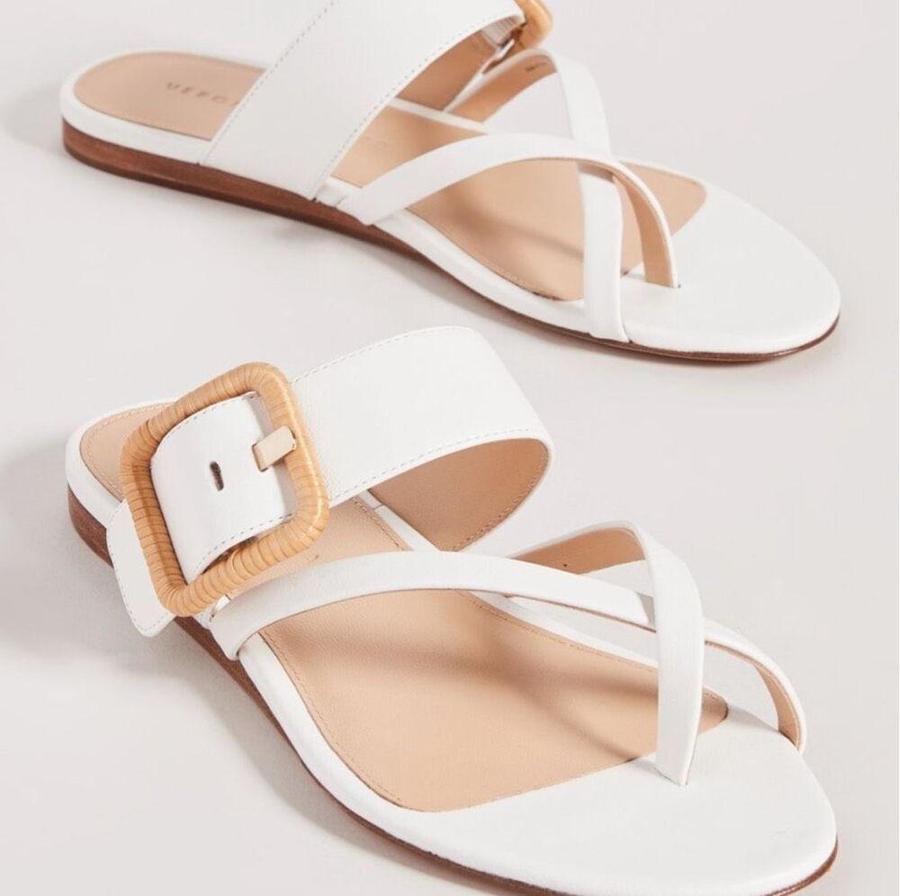 Veronica Beard Woman's Salva Strappy Buckle Sandal White Flat Summer Size 6.5